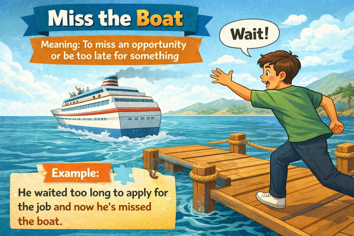 Cartoon landscape illustration of a person reaching out to a boat that has already sailed away, visually representing the idiom Miss the Boat and the idea of missing an opportunity.