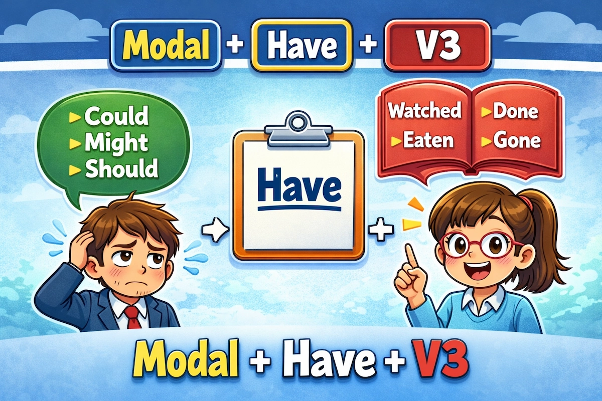 Educational cartoon explaining Modal Have V3 grammar with clear examples using could might should and past participle verbs for English learners.