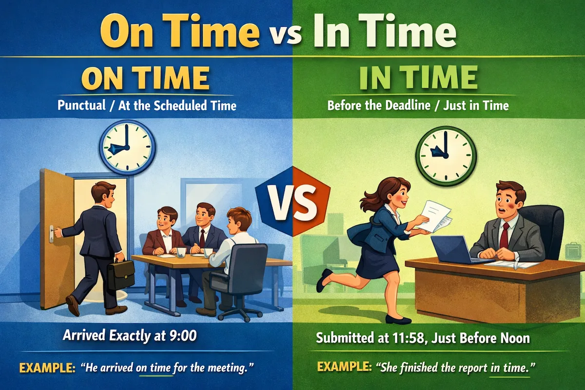 Landscape comparison graphic for “On Time” and “In Time,” featuring clocks, a meeting arrival at 9:00, and a last-minute report submission with example sentences.