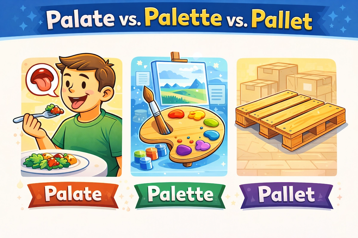 Cartoon illustration explaining palate versus palette versus pallet, with visuals of tasting food, painting tools, and a wooden pallet for easy word comparison.