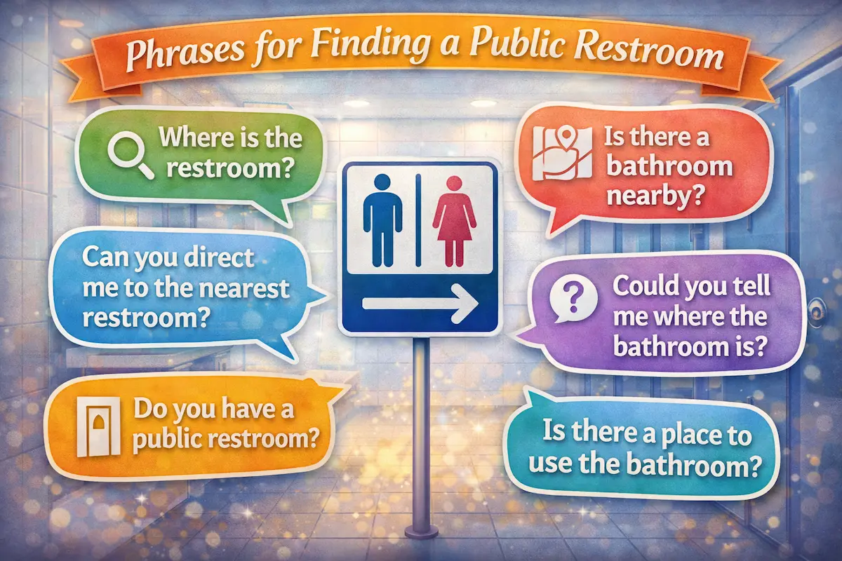 Educational infographic titled Phrases for Finding a Public Restroom with common English questions and restroom symbols to help people ask for directions.