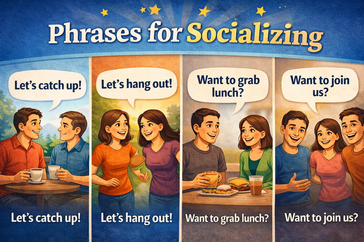 Landscape cartoon illustration showing people socializing with speech bubbles using common English phrases like let’s catch up, let’s hang out, and want to join us.