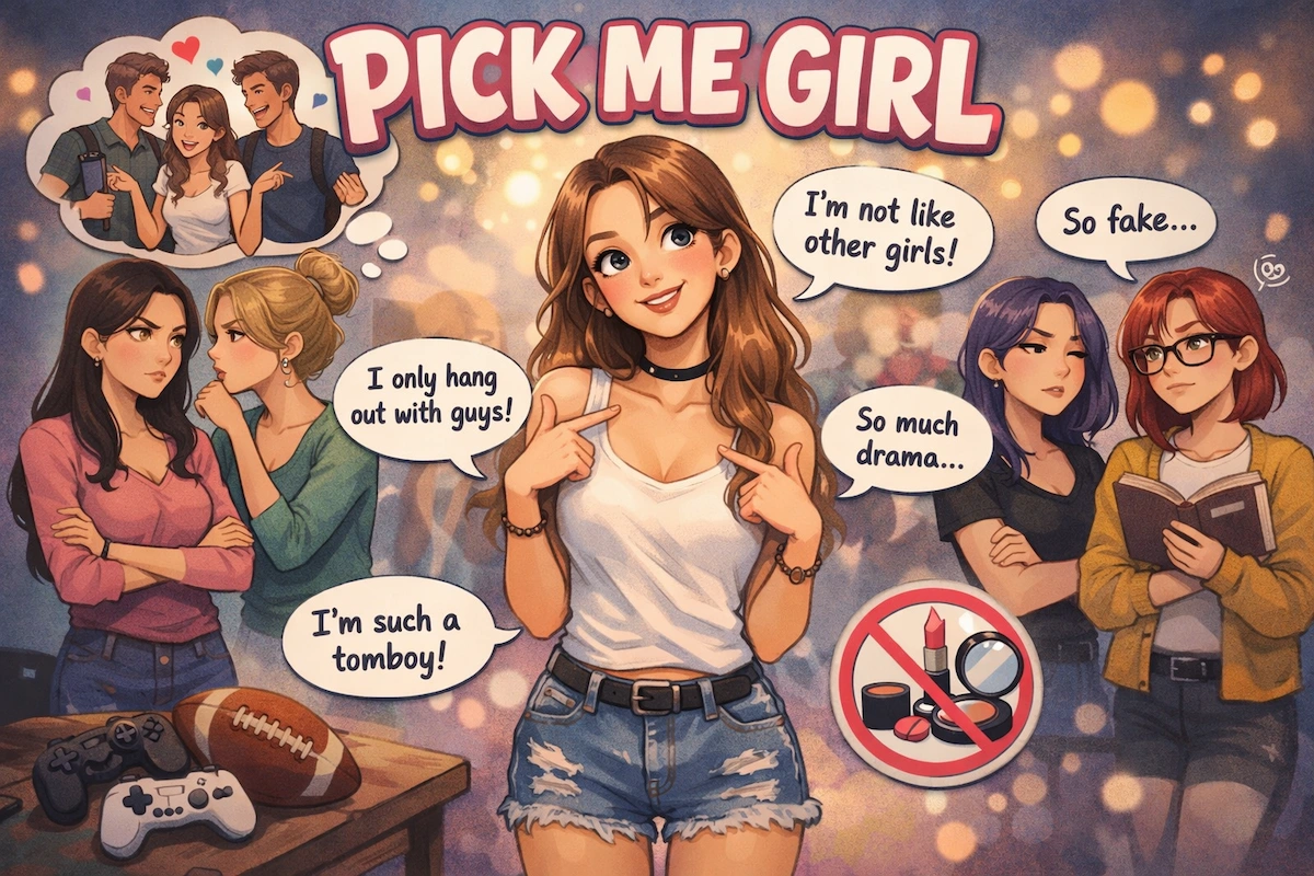 Landscape illustration explaining Pick Me Girl slang, depicting a woman seeking male approval by claiming she is different from other girls.
