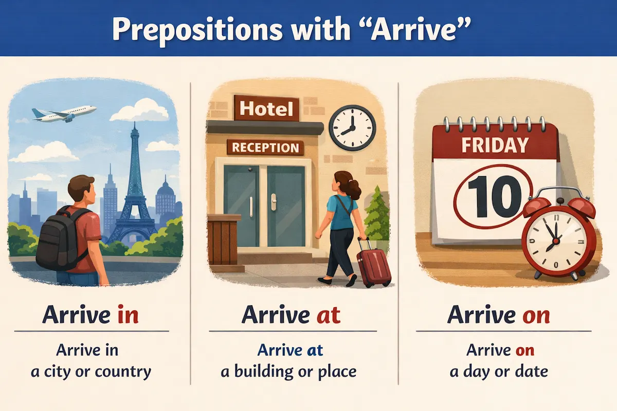 Landscape educational illustration demonstrating correct prepositions with arrive: arrive at a place, arrive in a city or country, and arrive on a specific day or date.