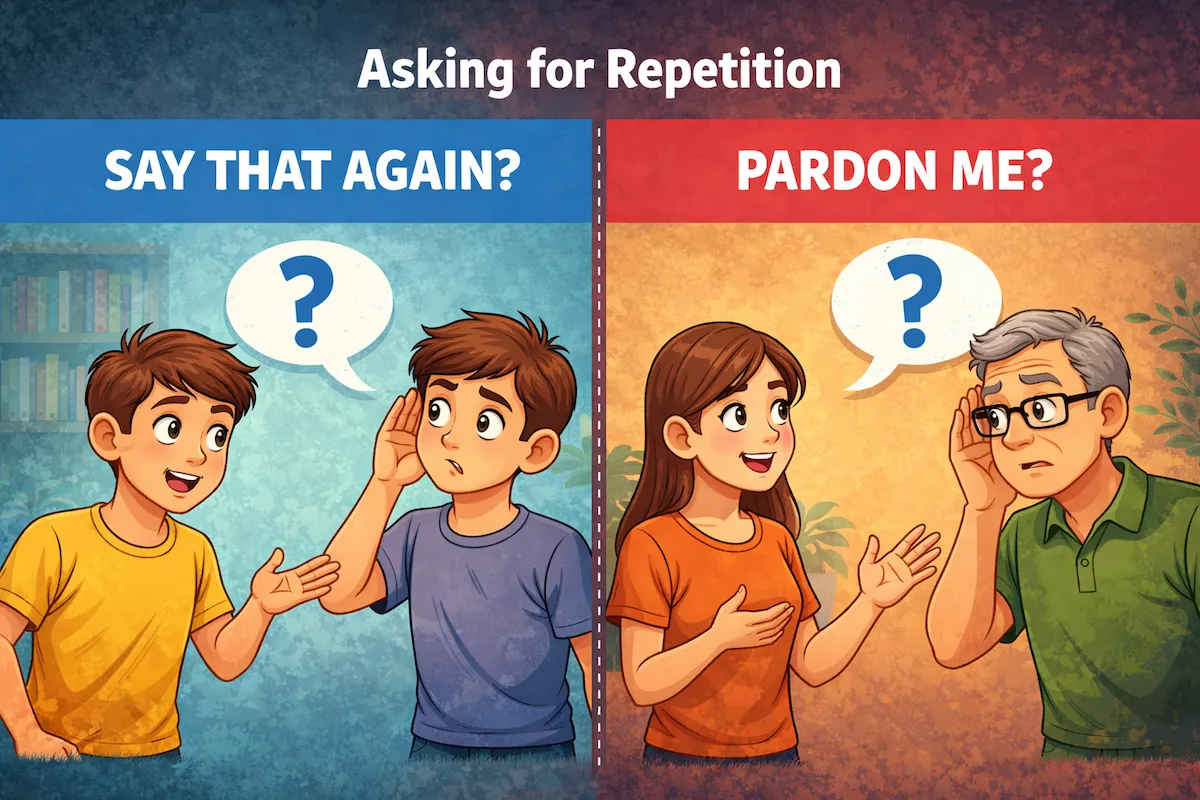 Landscape cartoon illustration showing Say that again? and Pardon me? used to ask for repetition, contrasting casual speech with more polite formal interaction.