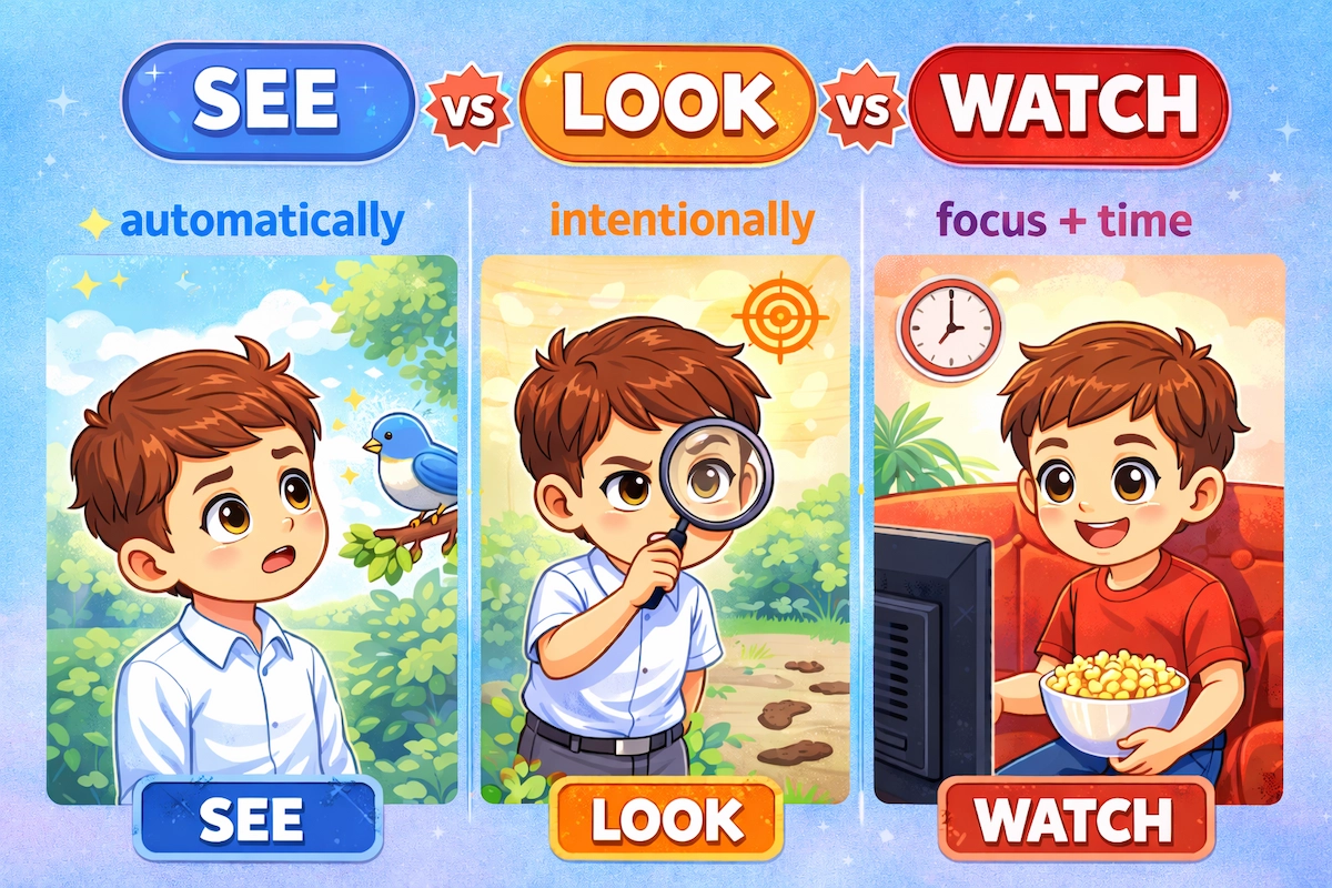 Cartoon illustration showing the difference between see, look, and watch, using three scenes of a boy noticing something, examining closely, and watching television.