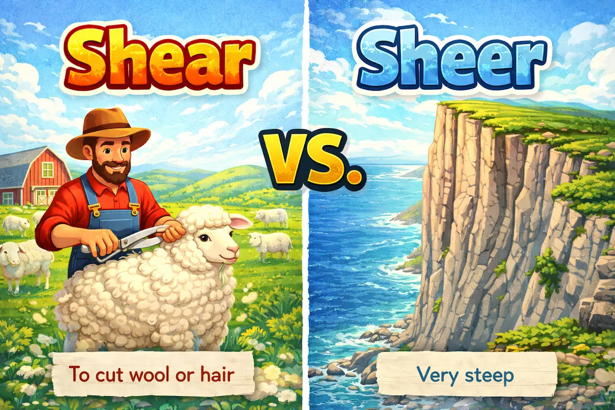 Landscape illustration comparing “shear” and “sheer,” with sheep shearing representing shear and a steep cliff representing the meaning of sheer.