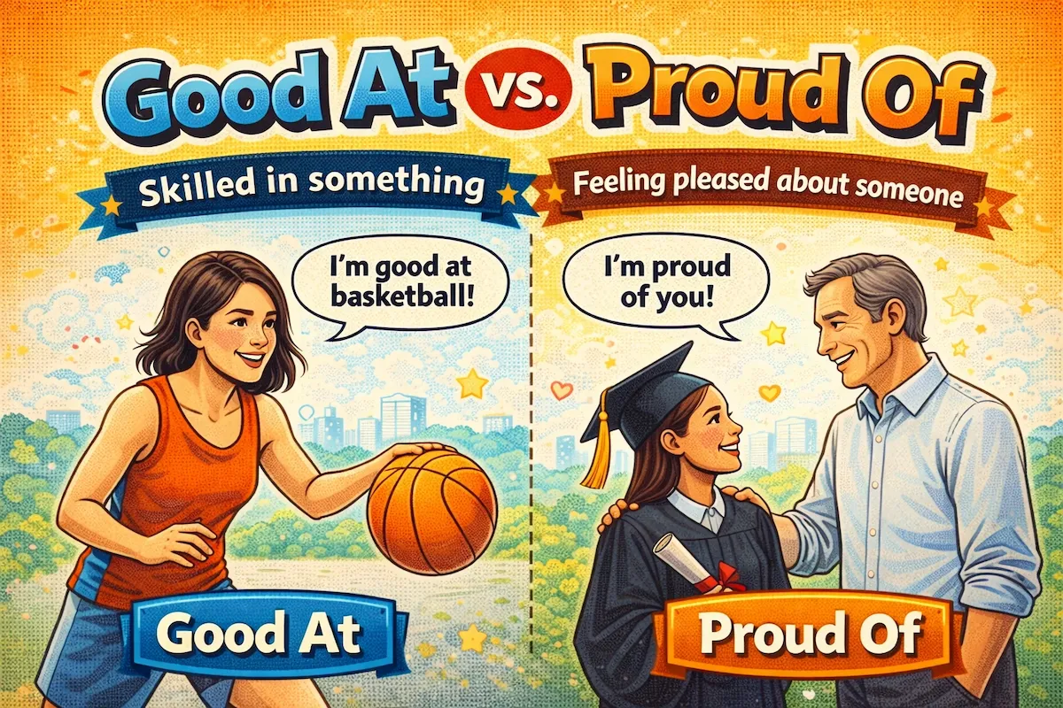 Colorful illustration explaining Good At vs Proud Of, with one side showing skill in basketball and the other showing pride in a graduation achievement.