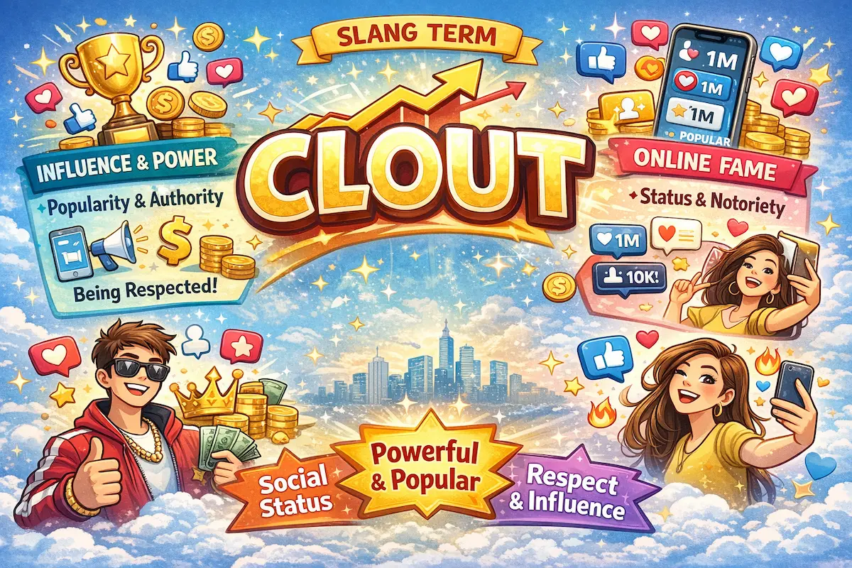 Landscape illustration explaining the slang term clout, symbolizing influence, popularity, social power, online fame, and public recognition through social media icons.