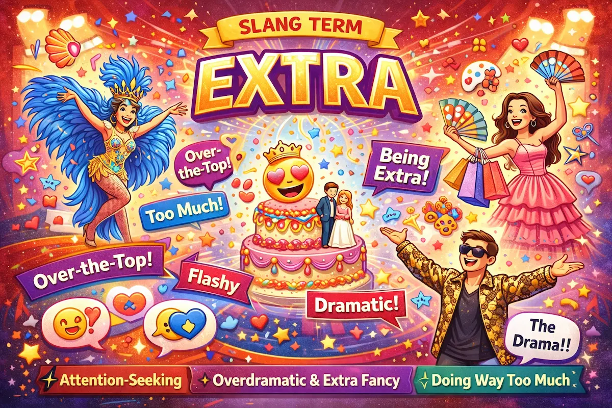 Landscape illustration explaining the slang term extra, representing over-the-top, dramatic, flashy, and attention-seeking behavior done excessively for impact.