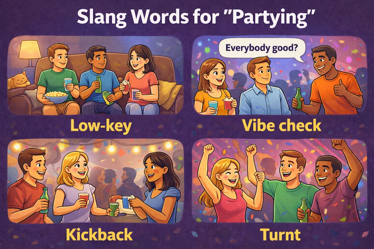 Cartoon illustration of slang words for partying, featuring low-key gatherings, vibe check moments, casual kickbacks, and high-energy turnt party scenes.