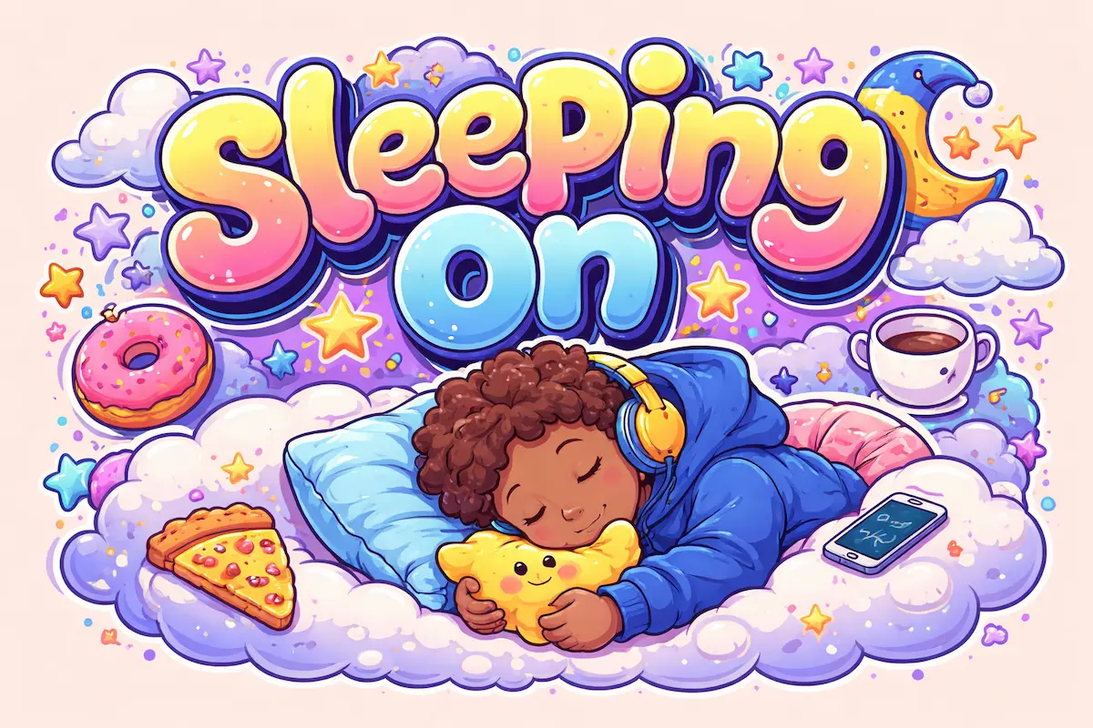 Landscape illustration of the slang phrase Sleeping On, depicting a relaxed sleeping character to represent ignoring, underestimating, or not appreciating something important.