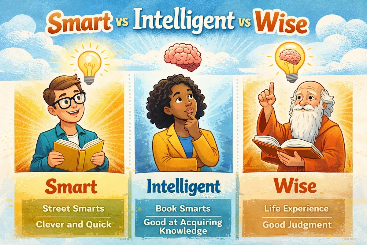 Landscape illustration comparing Smart vs Intelligent vs Wise, showing differences in quick thinking, knowledge-based intelligence, and wisdom gained from life experience.