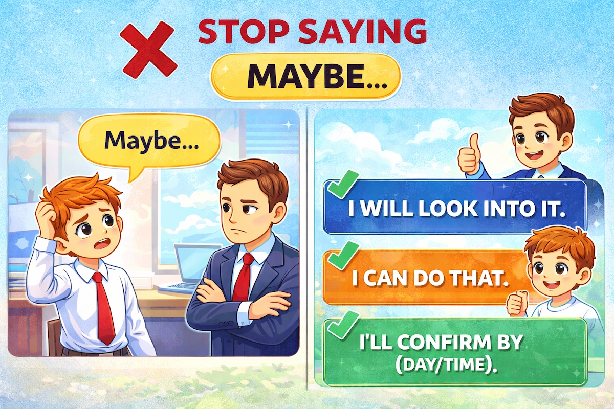 Cartoon office illustration discouraging the use of “maybe” and showing confident professional alternatives through clear visual comparison.