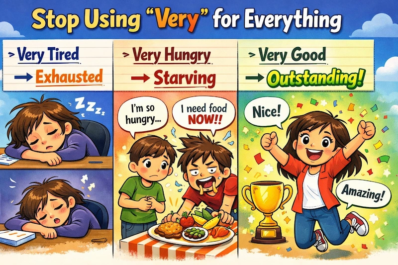 Cartoon illustration explaining how to replace the word “very” with more precise adjectives, featuring examples such as very tired becoming exhausted, very hungry becoming starving, and very good becoming outstanding.