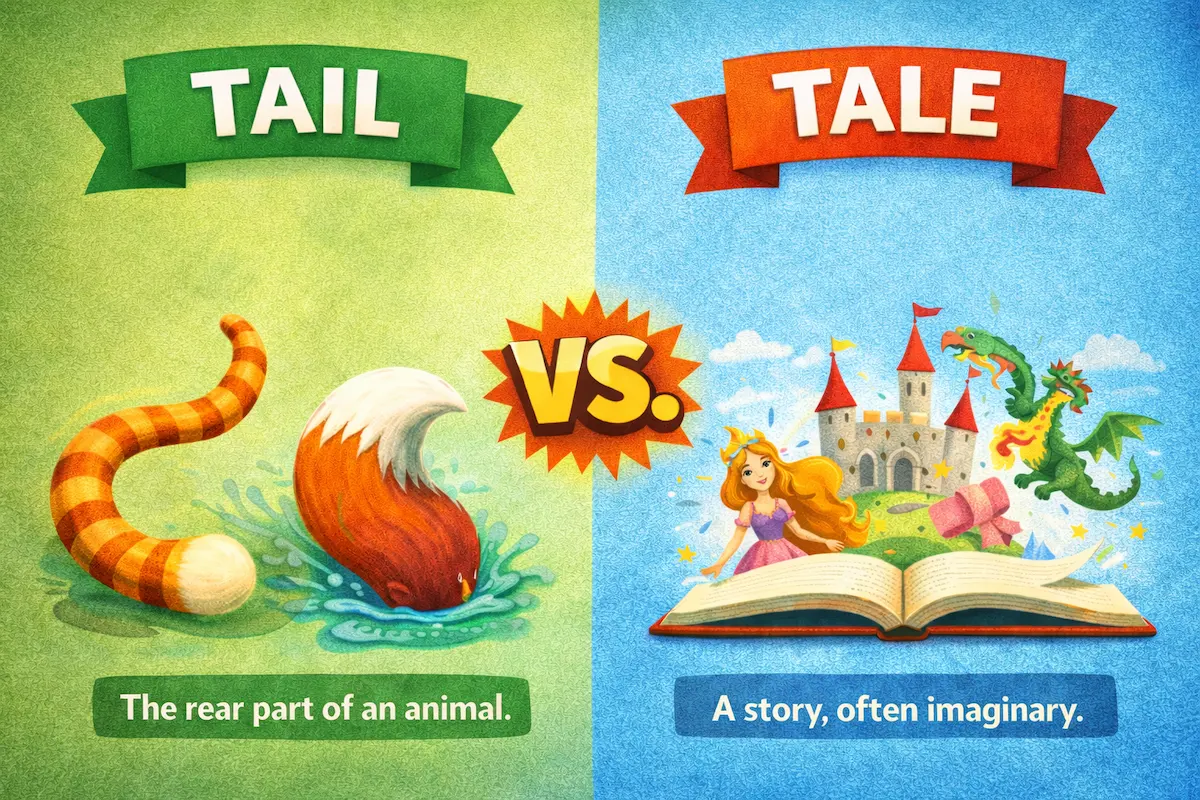 Landscape educational illustration explaining the difference between tail and tale, showing animal tails on one side and a storytelling scene on the other for clear meaning contrast.