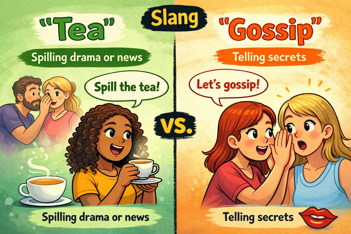 Cartoon illustration comparing the slang meanings of tea and gossip, with people sipping tea to share drama on one side and whispering secrets on the other.