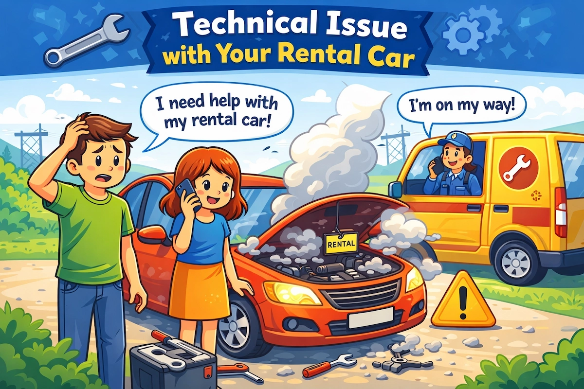 Cartoon illustration of a rental car breakdown with worried travelers calling for help and a mechanic arriving, representing a technical issue during a trip.