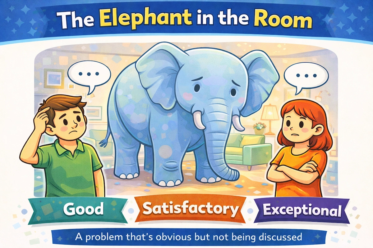 Cartoon illustration of the idiom the elephant in the room, with a big elephant indoors while people awkwardly ignore the clear problem.