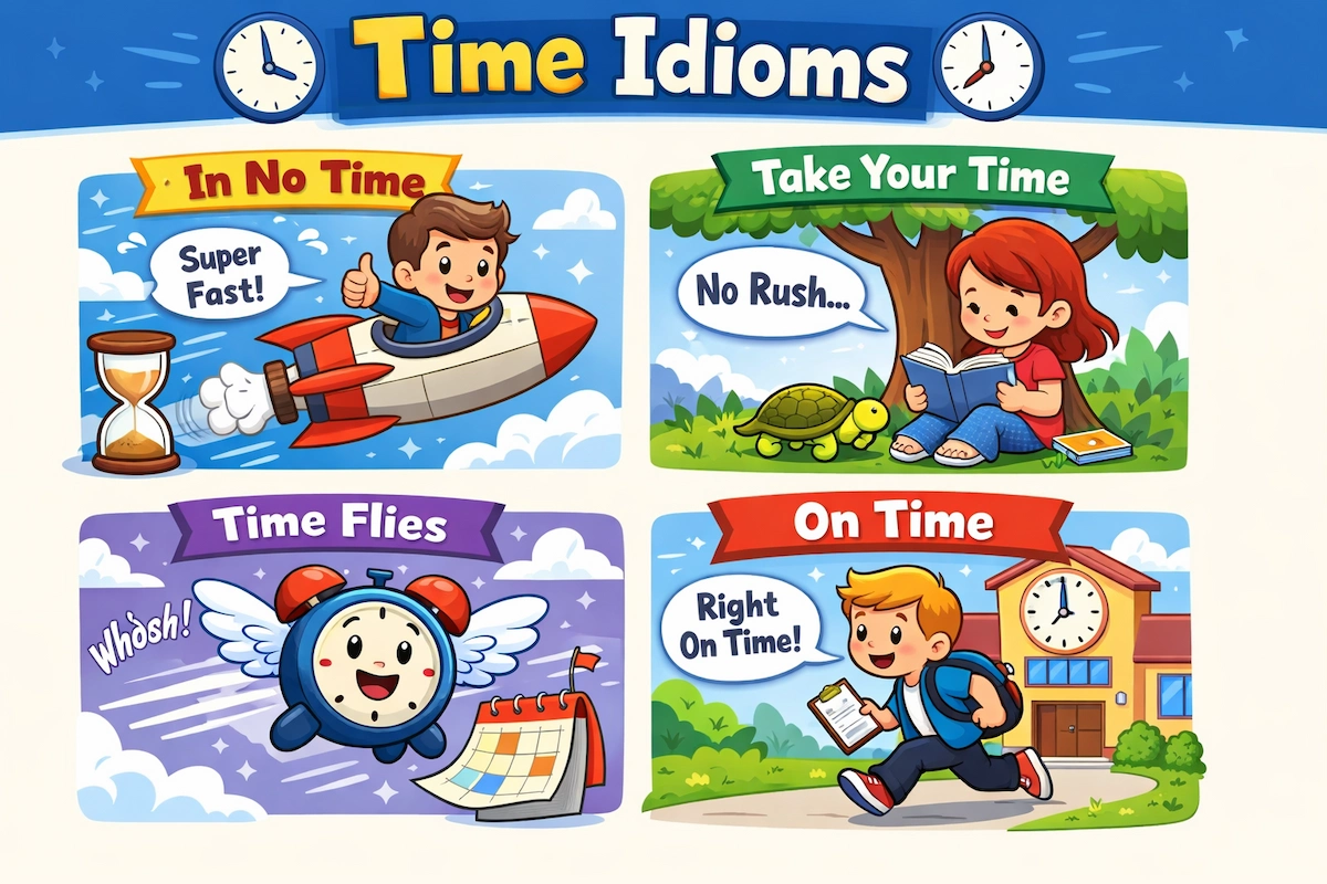 Colorful cartoon illustration of time idioms including in no time, take your time, time flies, and on time, each represented with clocks, characters, and playful scenes.