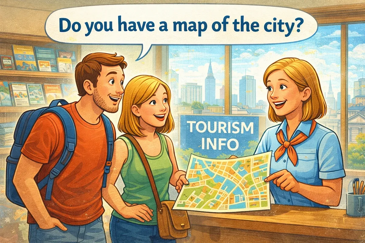Landscape illustration of tourists talking to a travel agent and asking for a city map, visually explaining the phrase “Do you have a map of the city?” in a travel setting.