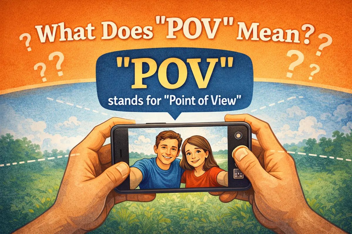 Landscape cartoon illustration explaining POV meaning, showing hands holding a phone in first-person view to represent Point of View in social media posts.