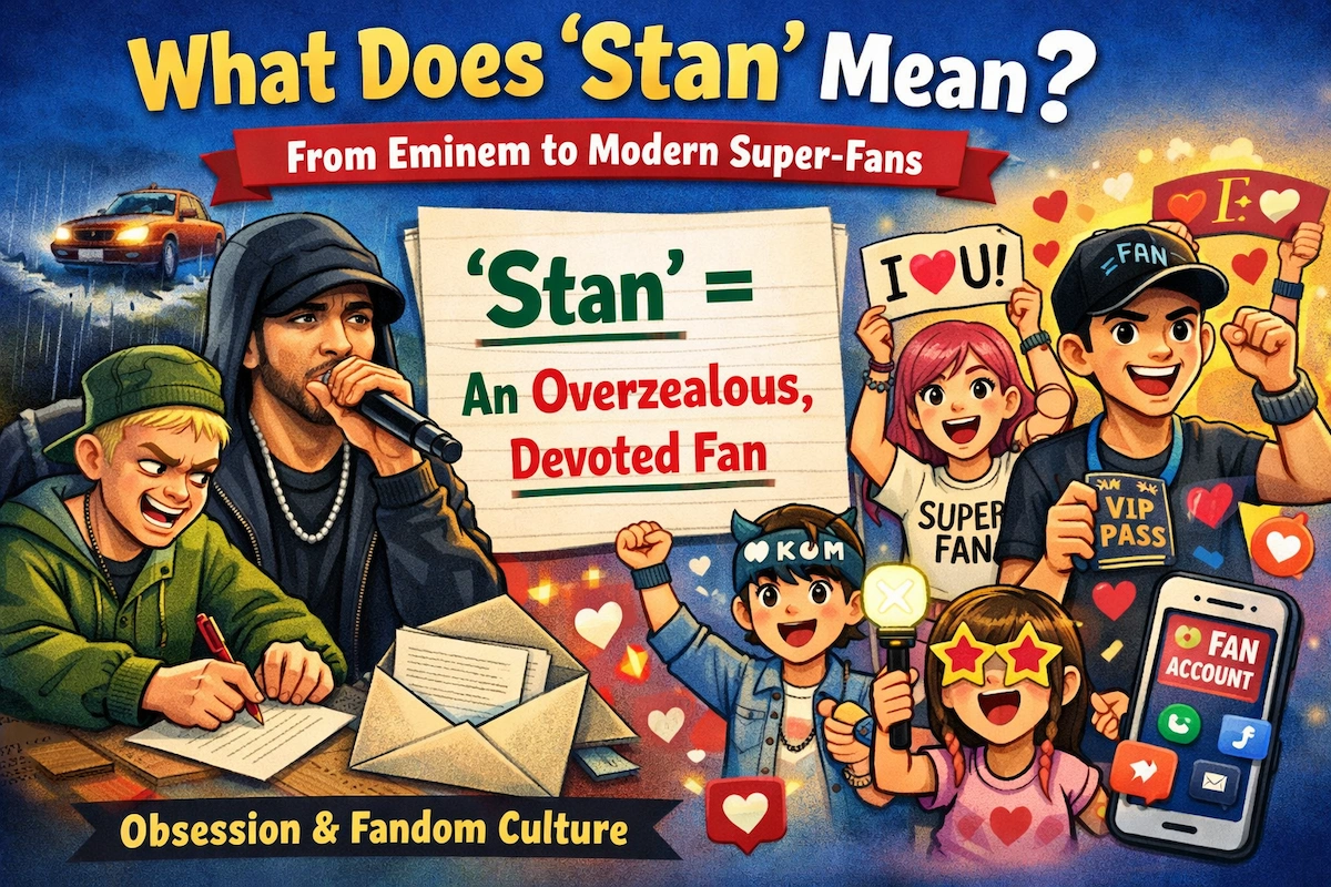 Cartoon illustration showing the evolution of the word “stan,” from an obsessed Eminem fan in the song to enthusiastic modern superfans expressing devotion.