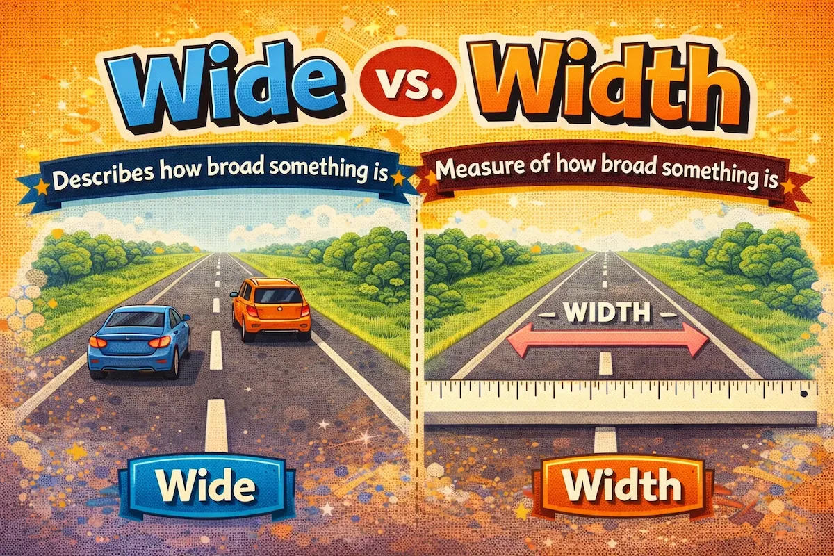 Landscape illustration comparing wide and width, showing a broad road for description and measurement arrows with a ruler to explain the difference.