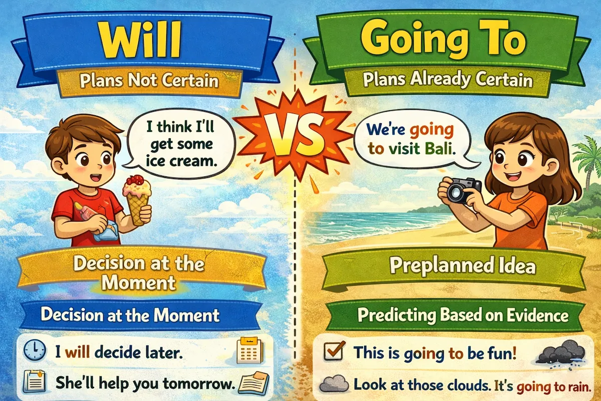 Cartoon landscape illustration comparing will vs going to, highlighting instant decisions and preplanned future actions with clear visual examples.