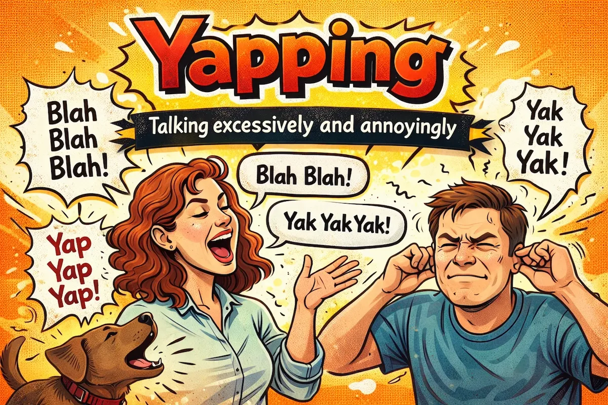 Landscape illustration explaining the slang yapping, showing excessive and noisy talking with speech bubbles and annoyed reactions to represent nonstop chatter.